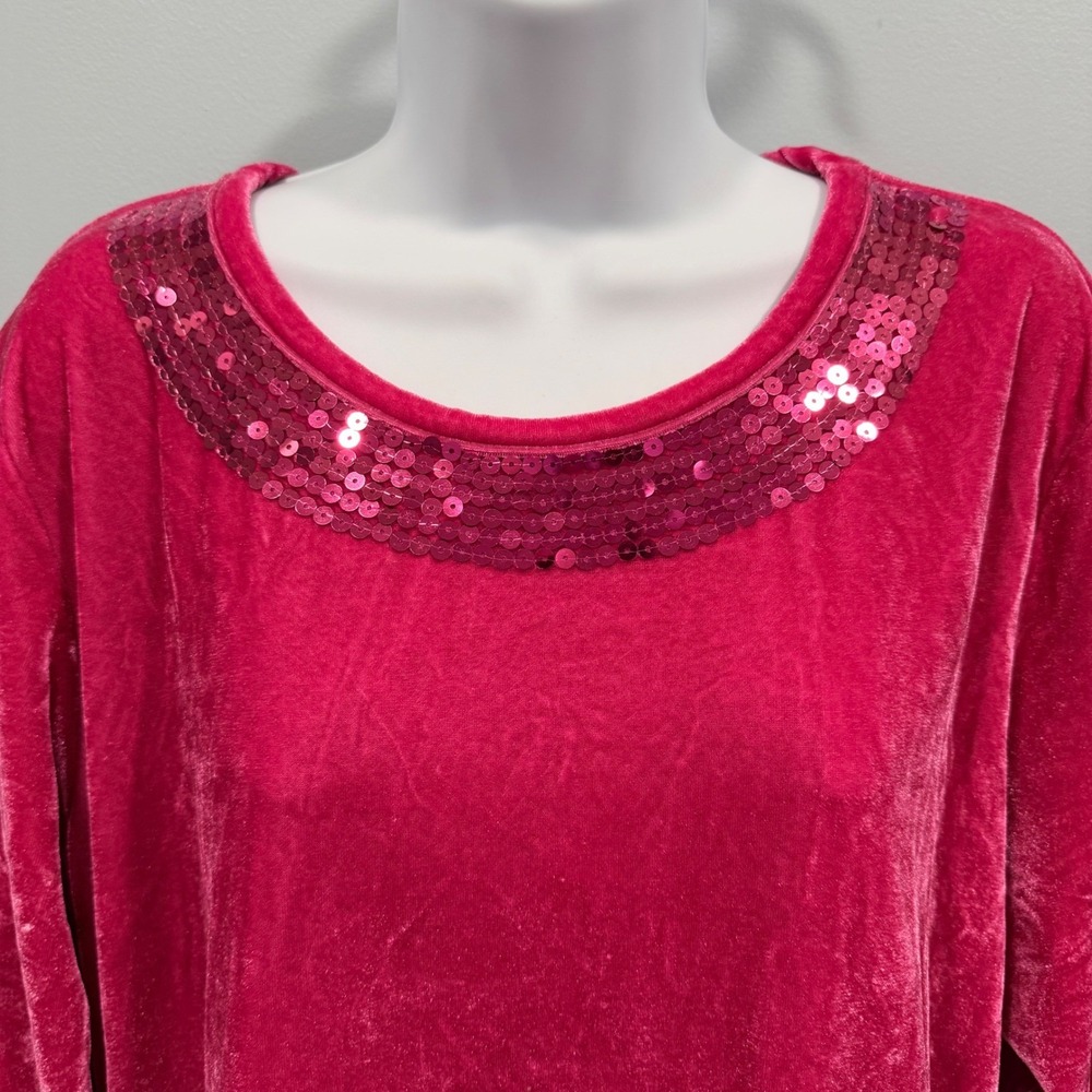 Quacker Factory Fuchsia Velour Velvet Sequin Neck Tunic Top Size L Glam Casual